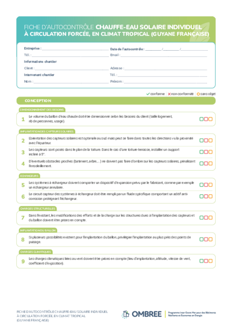 FICHE D’AUTOCONTRÔLE CHAUFFE-EAU SOLAIRE INDIVIDUEL À CIRCULATION FORCÉE – GUYANE