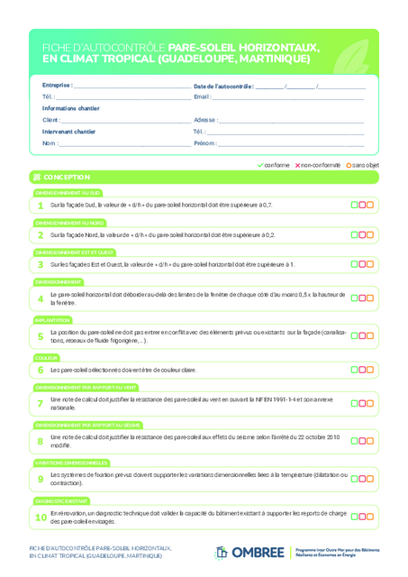 FICHE D’AUTOCONTRÔLE PARE-SOLEIL HORIZONTAUX – GUADELOUPE, MARTINIQUE
