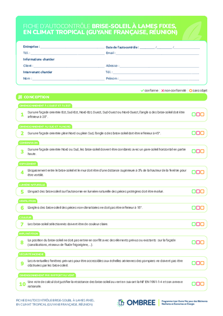 FICHE D’AUTOCONTRÔLE BRISE-SOLEIL À LAMES FIXES – GUYANE FRANÇAISE, RÉUNION