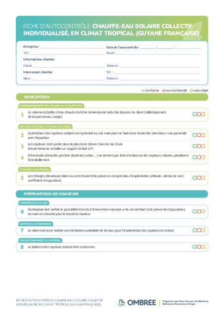 FICHE D’AUTOCONTRÔLE CHAUFFE-EAU SOLAIRE COLLECTIF INDIVIDUALISÉ – GUYANE