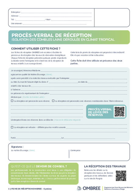 PROCÈS-VERBAL DE RÉCEPTION ISOLATION DES COMBLES LAINE DÉROULÉE – Guyane