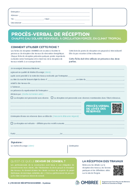 PROCÈS-VERBAL DE RÉCEPTION CHAUFFE-EAU SOLAIRE INDIVIDUEL À CIRCULATION FORCÉE