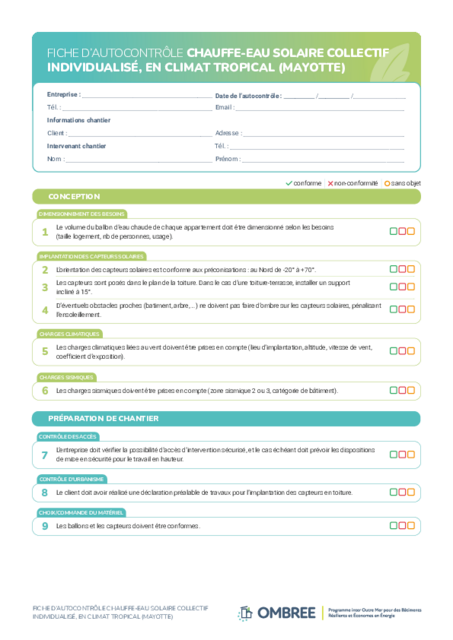 FICHE D’AUTOCONTRÔLE CHAUFFE-EAU SOLAIRE COLLECTIF INDIVIDUALISÉ – MAYOTTE